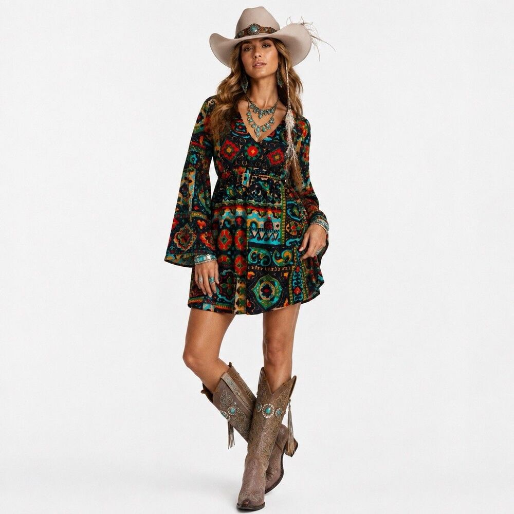 JUDITH MARCH VINTAGE BOHO DRESS LONG BELL SLEEVE SIZE MEDIUM BOHEMIAN MULTICOLOR